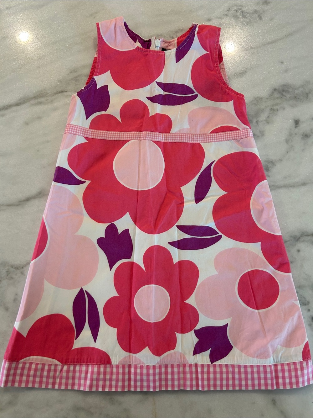 Mini Boden Girls Pink Floral Gingham Trim Shift Dress Size 5-6Y Sleeveless
